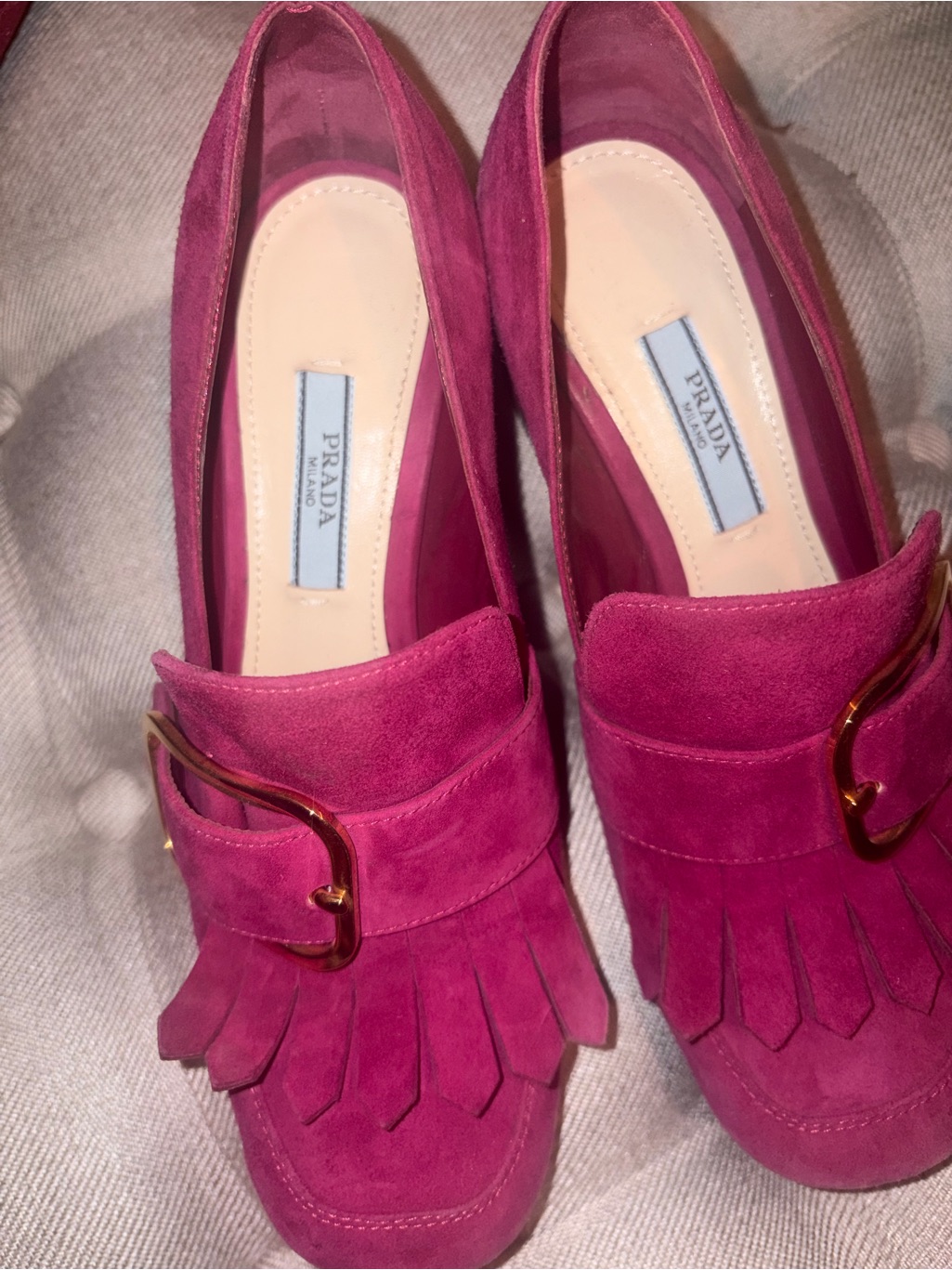 Prada Fuchsia Suede Fringe Loafers With Gold Buckle